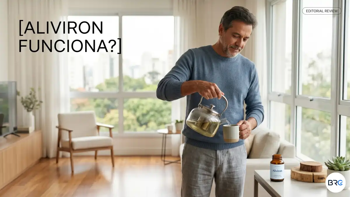 Frasco do suplemento Aliviron funciona em destaque sobre superfície moderna, com cápsulas verdes, elementos relacionados à saúde articular e homem maduro caminhando ao fundo, representando mobilidade e bem-estar.