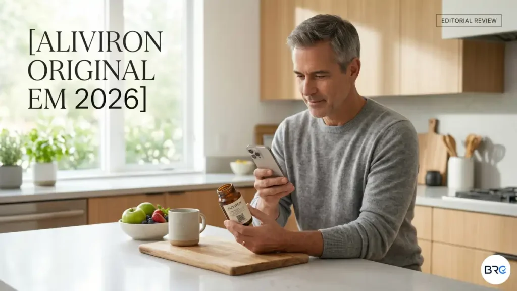 Aliviron Original em destaque em laboratório premium com cápsulas verdes, selo de autenticidade e especialista analisando o suplemento em ambiente profissional.