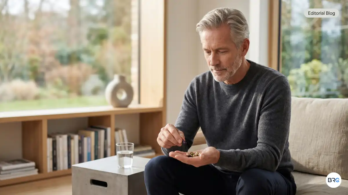 Best Ingredients For Prostate Health scientific wellness editorial image showing natural nutrients, circulation support elements, and healthy aging concepts for men.