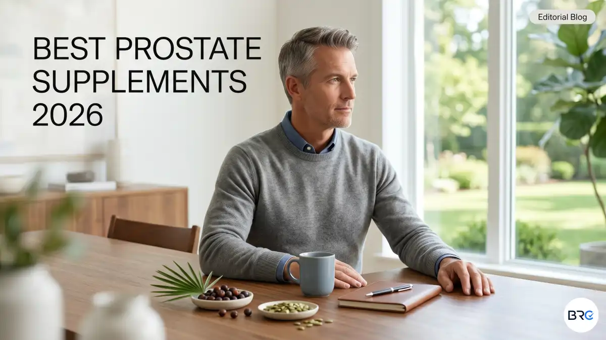 Best Prostate Supplements 2026 article image showing a mature man researching prostate health naturally