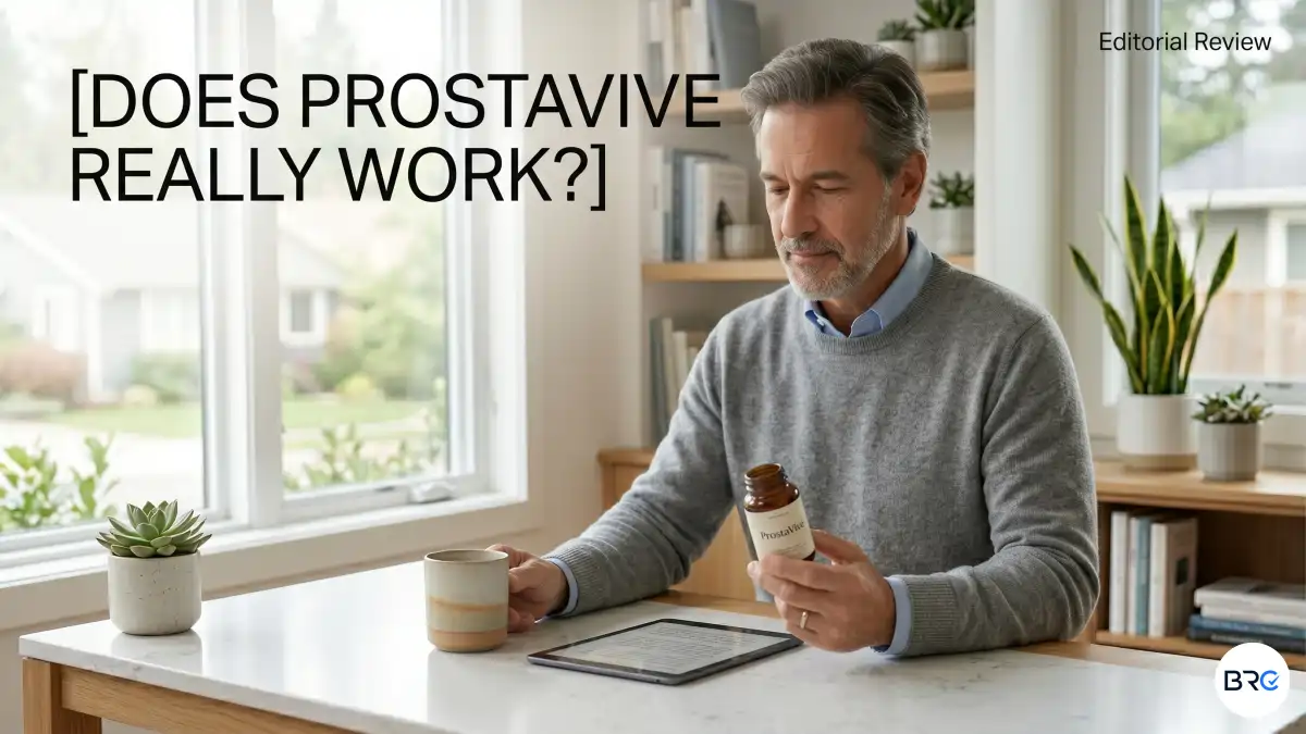 Does ProstaVive Really Work featured image showing ProstaVive supplement with happy middle-aged man and natural prostate health ingredients.