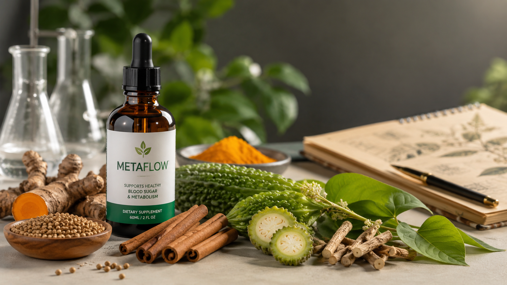 MetaFlow ingredients supplement bottle with cinnamon, turmeric, bitter melon, and herbal extracts.