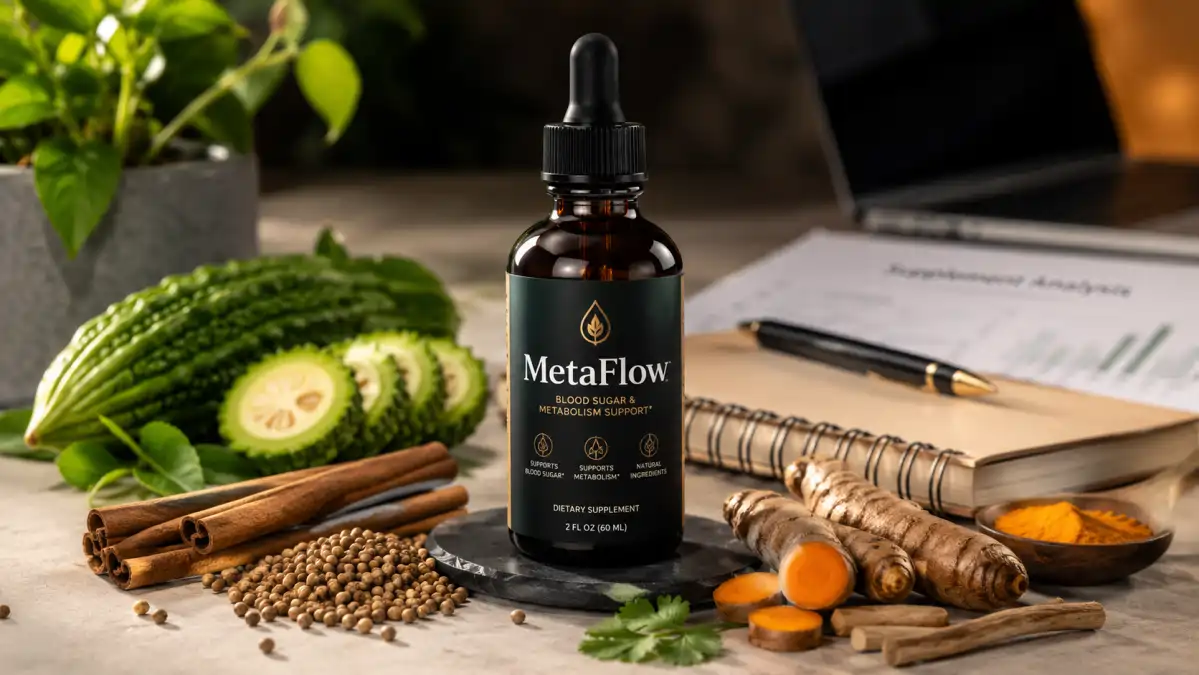 MetaFlow Scam blood sugar and metabolism support supplement bottle surrounded by cinnamon, turmeric, bitter melon, and coriander seeds in a professional wellness review setting.
