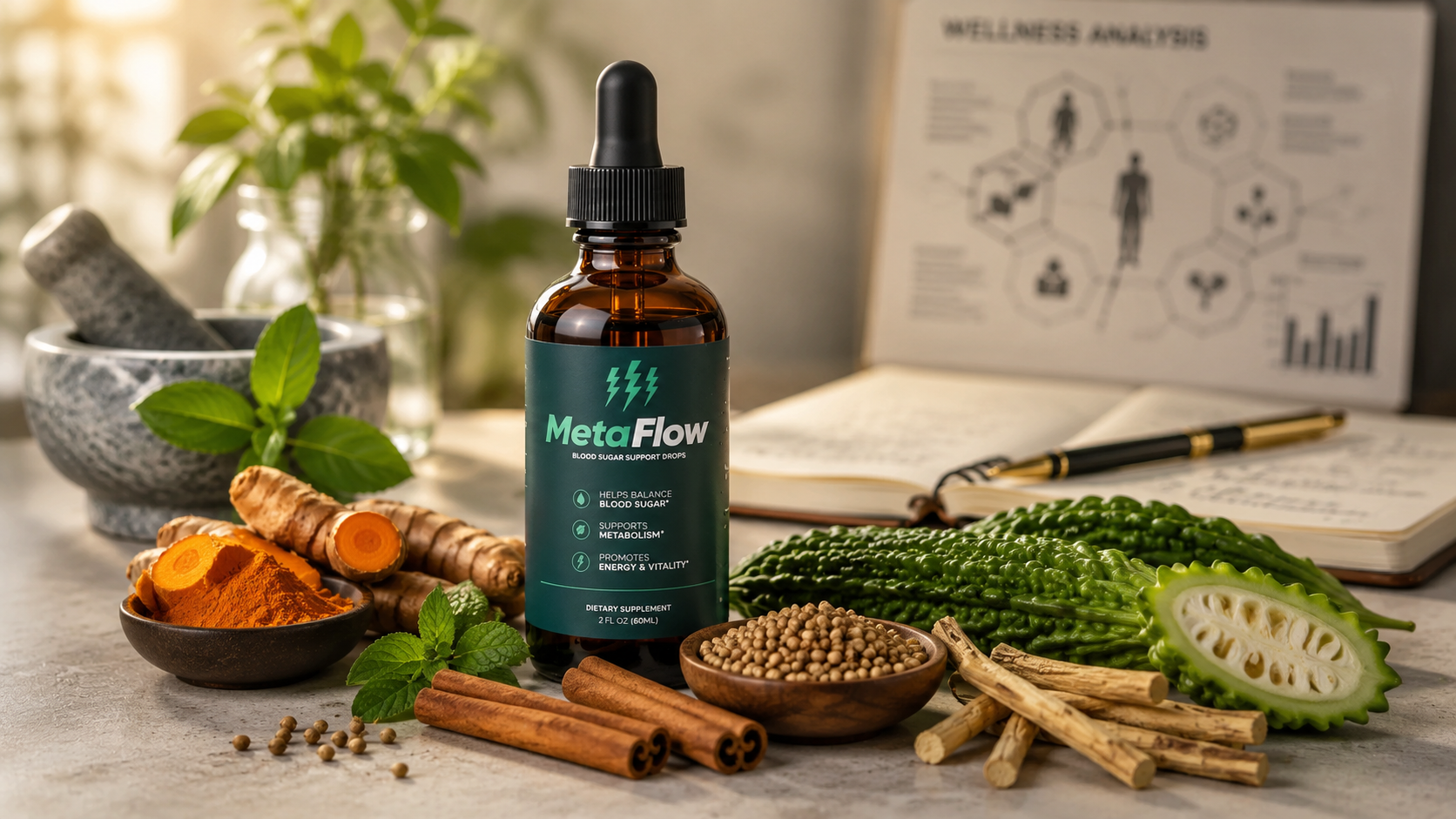 MetaFlow Side Effects review image featuring MetaFlow drops with natural blood sugar support ingredients.