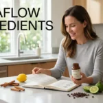MetaFlow ingredients supplement bottle with cinnamon, turmeric, bitter melon, and herbal extracts.