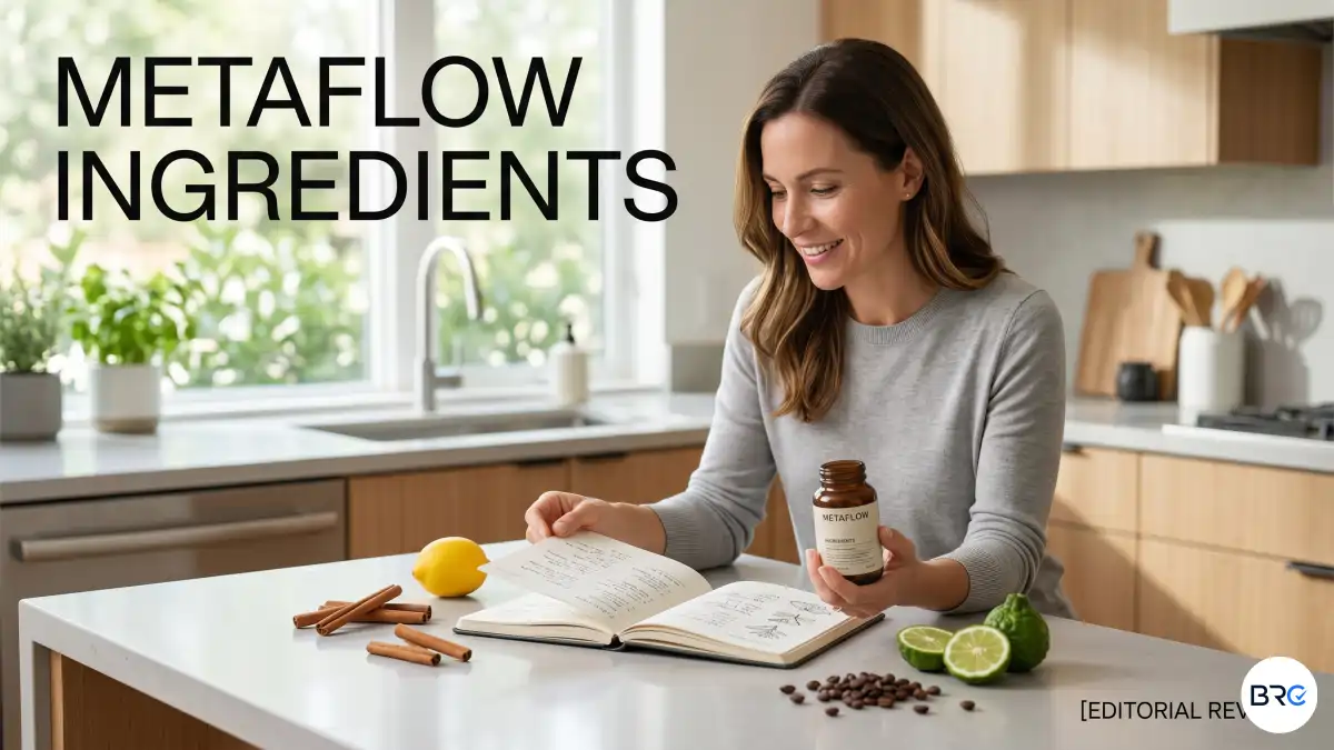 MetaFlow ingredients supplement bottle with cinnamon, turmeric, bitter melon, and herbal extracts.