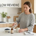 MetaFlow review blood sugar support supplement bottle with natural ingredients including cinnamon, turmeric, bitter melon, and coriander seeds in a professional wellness review setting.