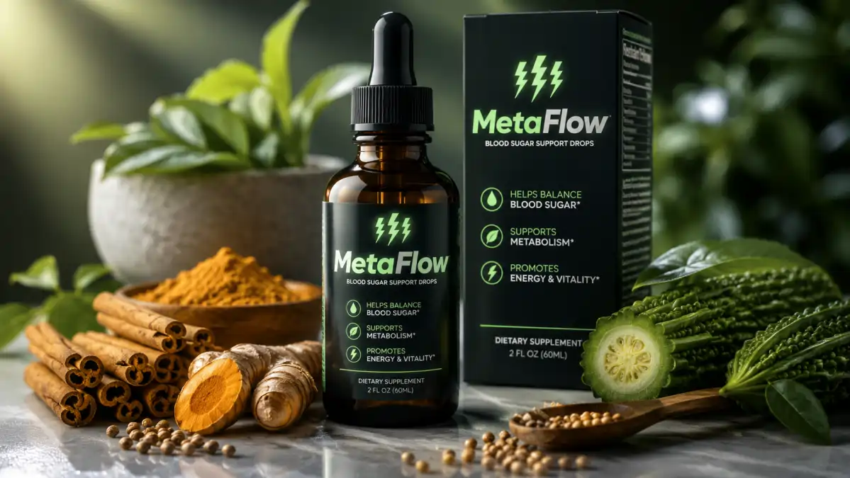MetaFlow review blood sugar support supplement bottle with natural ingredients including cinnamon, turmeric, bitter melon, and coriander seeds in a professional wellness review setting.