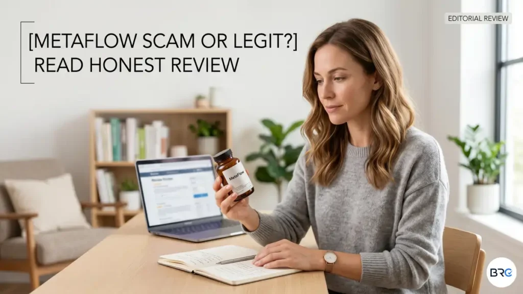 MetaFlow Scam or legit blood sugar and metabolism support supplement bottle surrounded by cinnamon, turmeric, bitter melon, and coriander seeds in a professional wellness review setting.