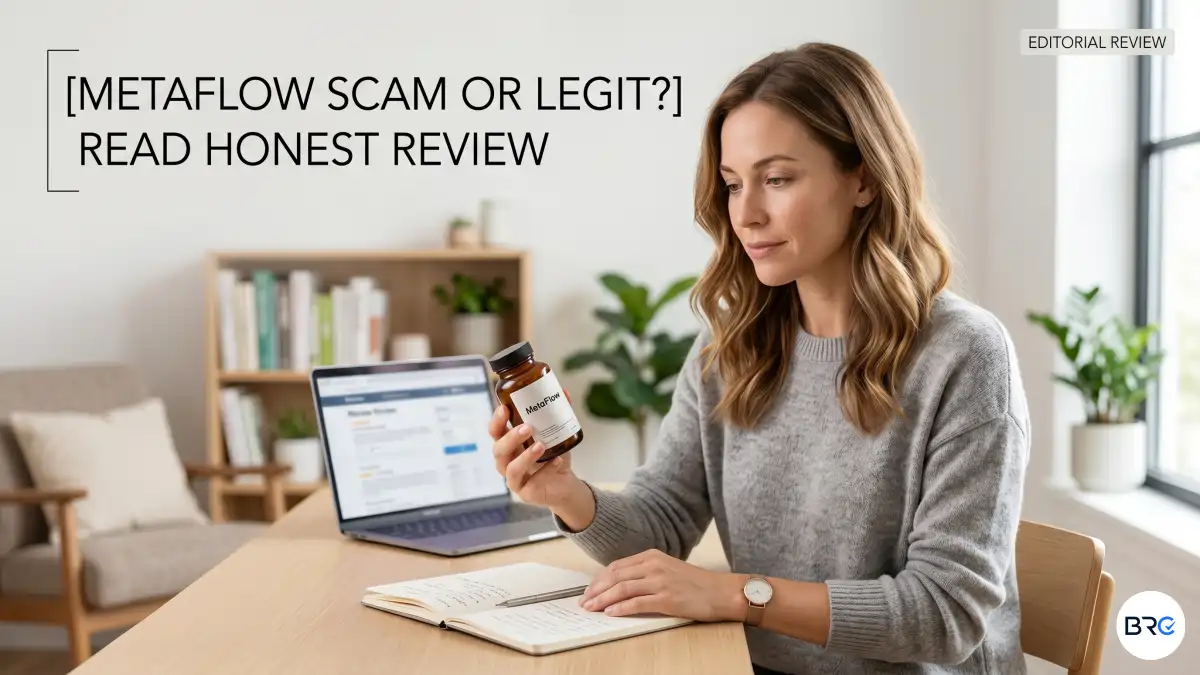 MetaFlow Scam or legit blood sugar and metabolism support supplement bottle surrounded by cinnamon, turmeric, bitter melon, and coriander seeds in a professional wellness review setting.