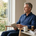 Natural Supplements For Prostate Support article featured image showing mature man researching prostate health and healthy aging wellness solutions.
