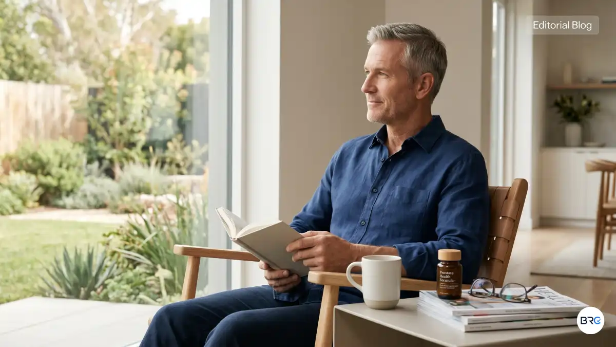 Natural Supplements For Prostate Support article featured image showing mature man researching prostate health and healthy aging wellness solutions.