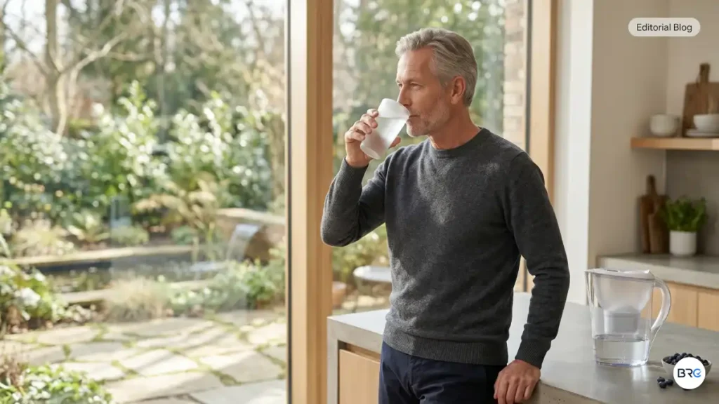 Natural Ways To Support Urinary Health featured image showing a healthy mature man reviewing wellness information in a modern workspace, representing hydration habits, healthy sleep, urinary wellness, and healthy aging.