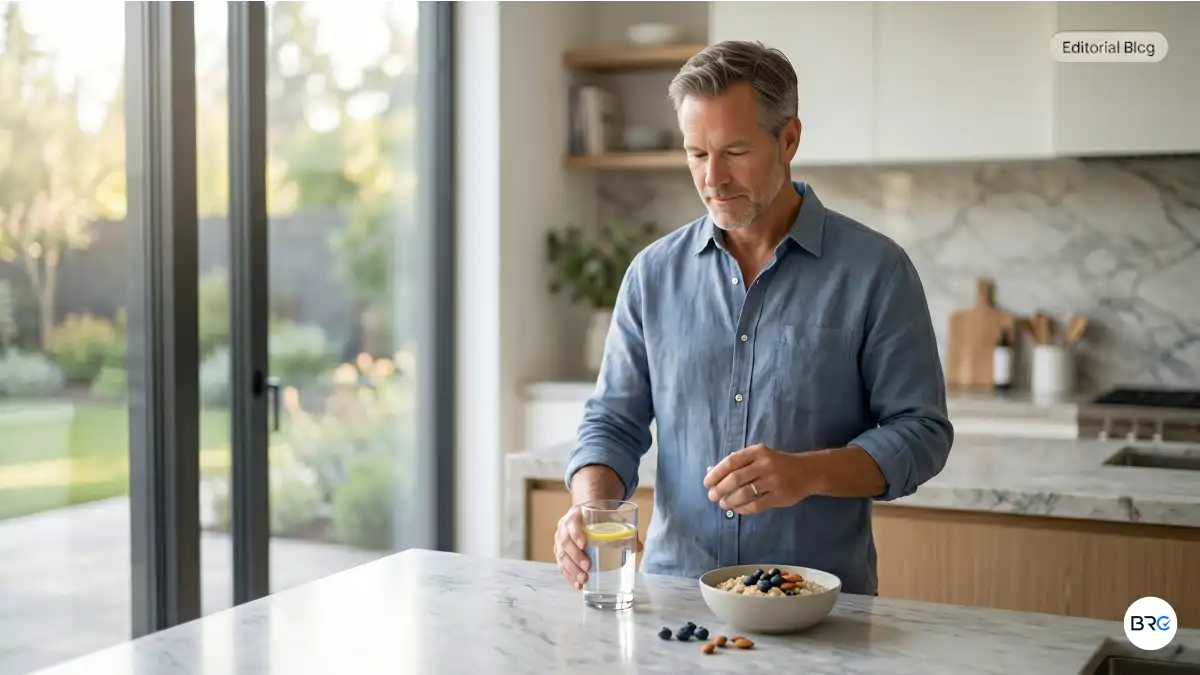 Best Daily Habits For Prostate Health featured image showing a healthy mature man following a wellness-focused daily routine, representing hydration, movement habits, healthy sleep, circulation support, stress reduction, and long-term prostate wellness.