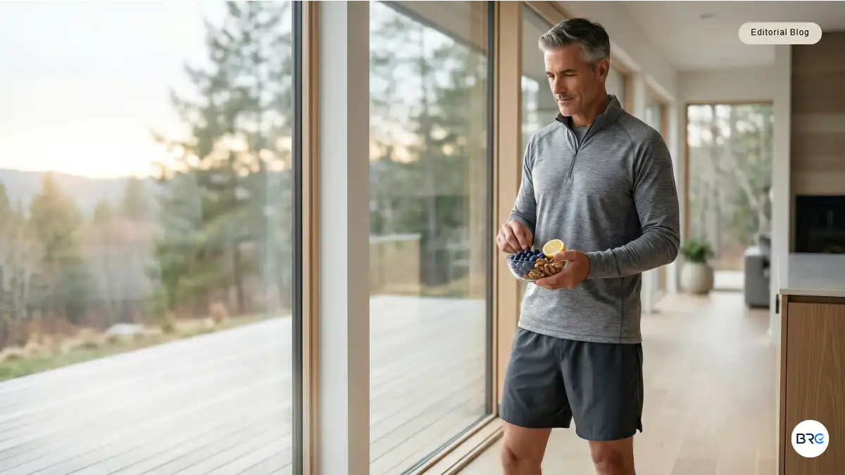 Best Foods For Prostate Health featuring nutrient-rich foods including tomatoes, cruciferous vegetables, healthy fats, and Mediterranean-style ingredients associated with men's wellness and healthy aging.