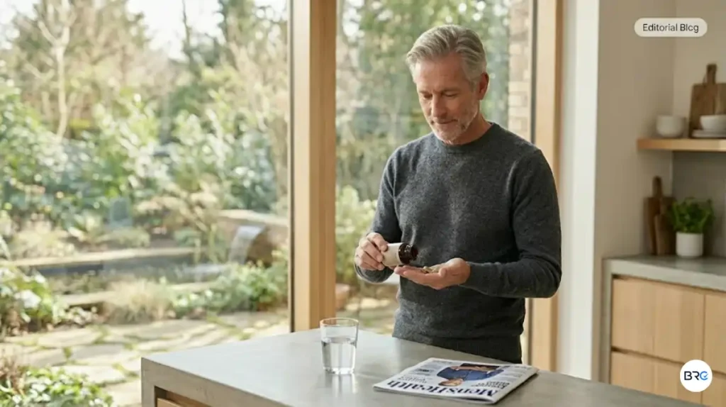 Best Supplements For Men Over 50 featured image showing a confident mature man researching healthy aging strategies in a modern wellness environment, representing vitality support, circulation support, urinary wellness, and long-term men's health.