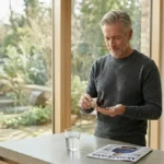 Best Supplements For Men Over 50 featured image showing a confident mature man researching healthy aging strategies in a modern wellness environment, representing vitality support, circulation support, urinary wellness, and long-term men's health.