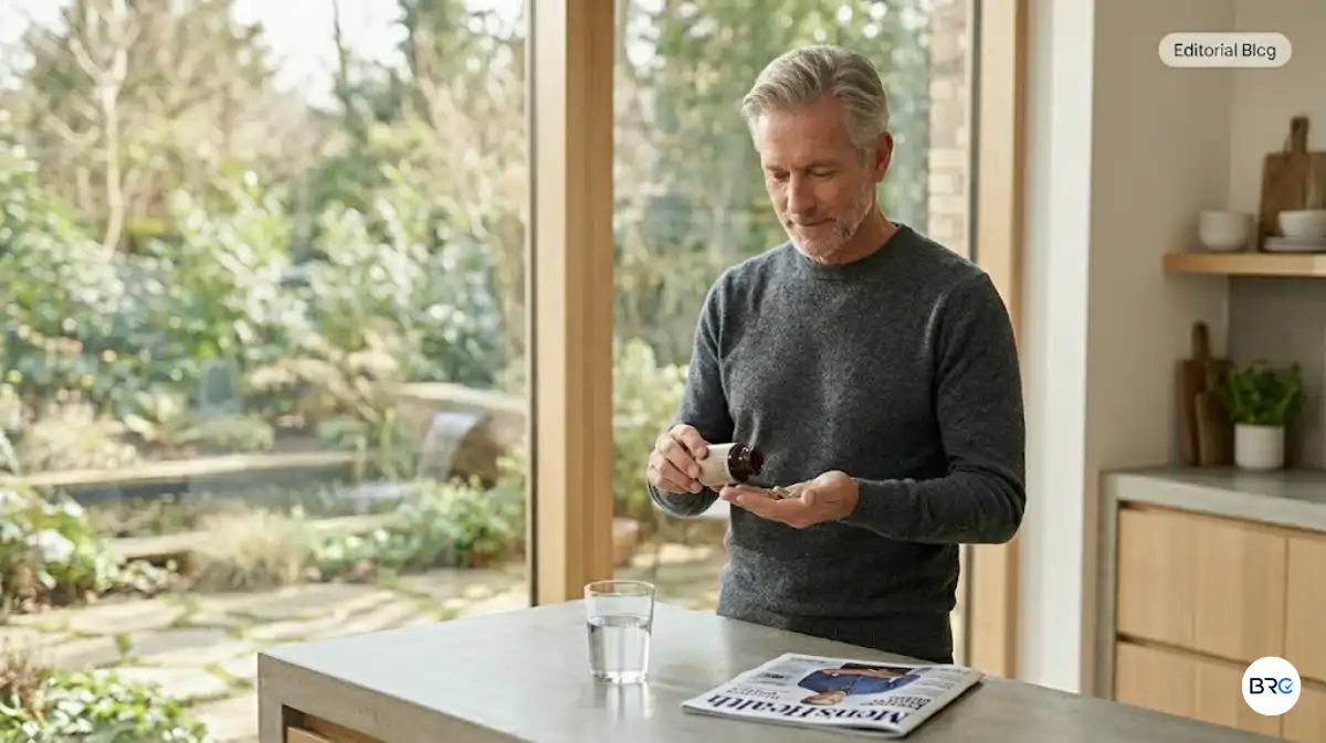 Best Supplements For Men Over 50 featured image showing a confident mature man researching healthy aging strategies in a modern wellness environment, representing vitality support, circulation support, urinary wellness, and long-term men's health.