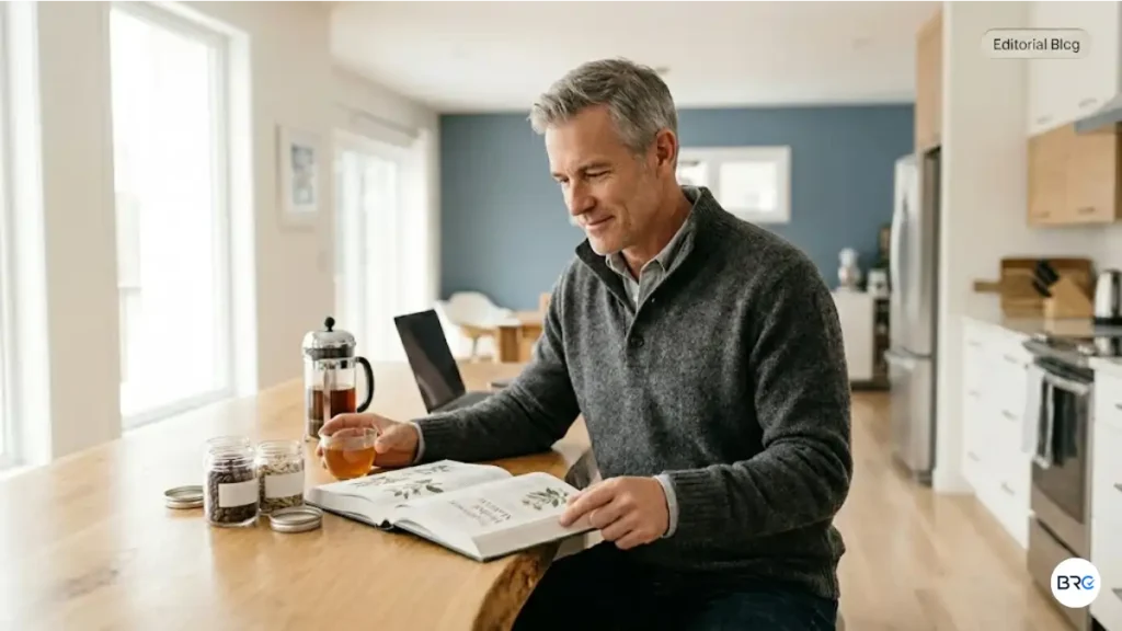 Herbal Remedies For Prostate Wellness editorial image featuring natural botanical ingredients such as saw palmetto, nettle root, ashwagandha, panax ginseng, and maca root, representing plant-based wellness, healthy aging, and men's urinary wellness.