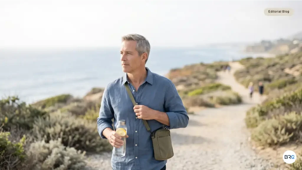 Middle-aged man drinking water after a morning walk in a park, representing natural ways to support urinary flow, hydration habits, movement, and prostate wellness.