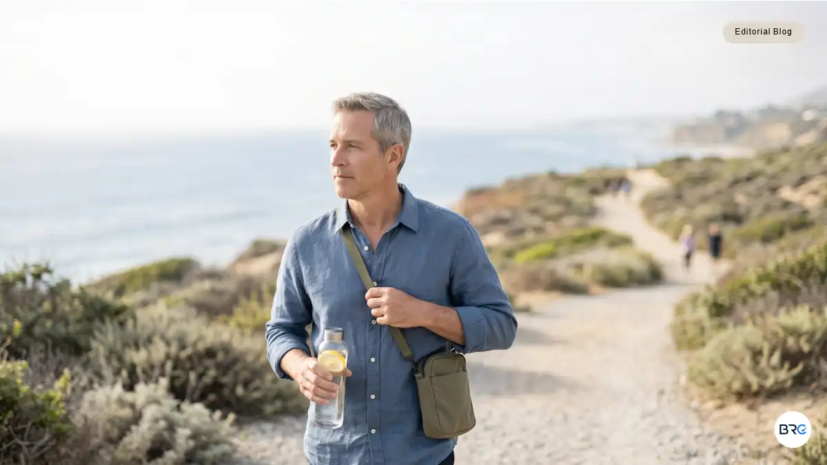Middle-aged man drinking water after a morning walk in a park, representing natural ways to support urinary flow, hydration habits, movement, and prostate wellness.