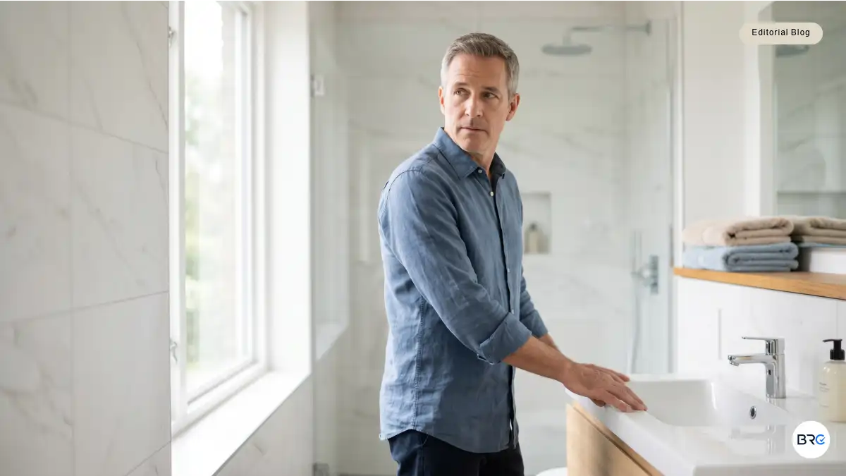Middle-aged man looking concerned while sitting on the edge of his bed at night, illustrating signs of an unhealthy prostate and frequent nighttime urination.