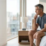 Why Men Wake Up At Night To Urinate featured image showing a mature man awake during the night, sitting on the edge of his bed and reflecting on nighttime urination, sleep quality, and urinary wellness.
