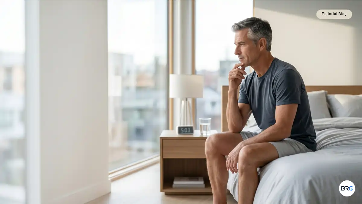 Why Men Wake Up At Night To Urinate featured image showing a mature man awake during the night, sitting on the edge of his bed and reflecting on nighttime urination, sleep quality, and urinary wellness.